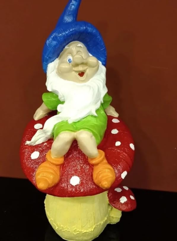 Garden Gnome Sitting on Red Mushroom Outdoor Decor, Garden Gnome Statue, Outdoor Garden Decor, Mushroom Gnome Figure, Fairy Garden Gnome, Garden Gnome Sculpture, Garden Gnome Decor