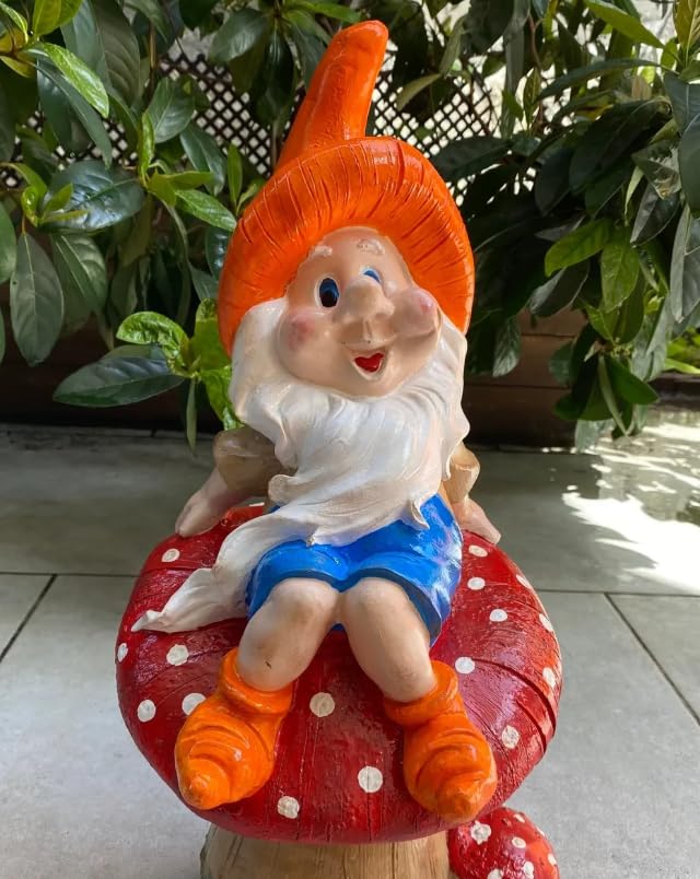 Garden Gnome Sitting on Red Mushroom Outdoor Decor, Garden Gnome Statue, Outdoor Garden Decor, Mushroom Gnome Figure, Fairy Garden Gnome, Garden Gnome Sculpture, Garden Gnome Decor