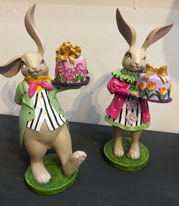 Set of 2 Rabbit Figurines Holding Cake, Adorable Bunny Dessert Statues, Rabbit Cake Figurine, Bunny Holding Cake, Bunny Statue, Rabbit Decor, Rabbit Statue, Bunny Decor
