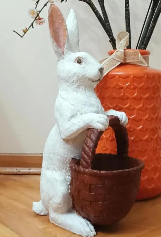 Rabbit Sculpture with Basket, Decorative Bunny Figurine, Easter Home Decor, Rabbit Sculpture, Bunny Decor with Basket, Easter Bunny Figurine, Easter Rabbit Sculpture