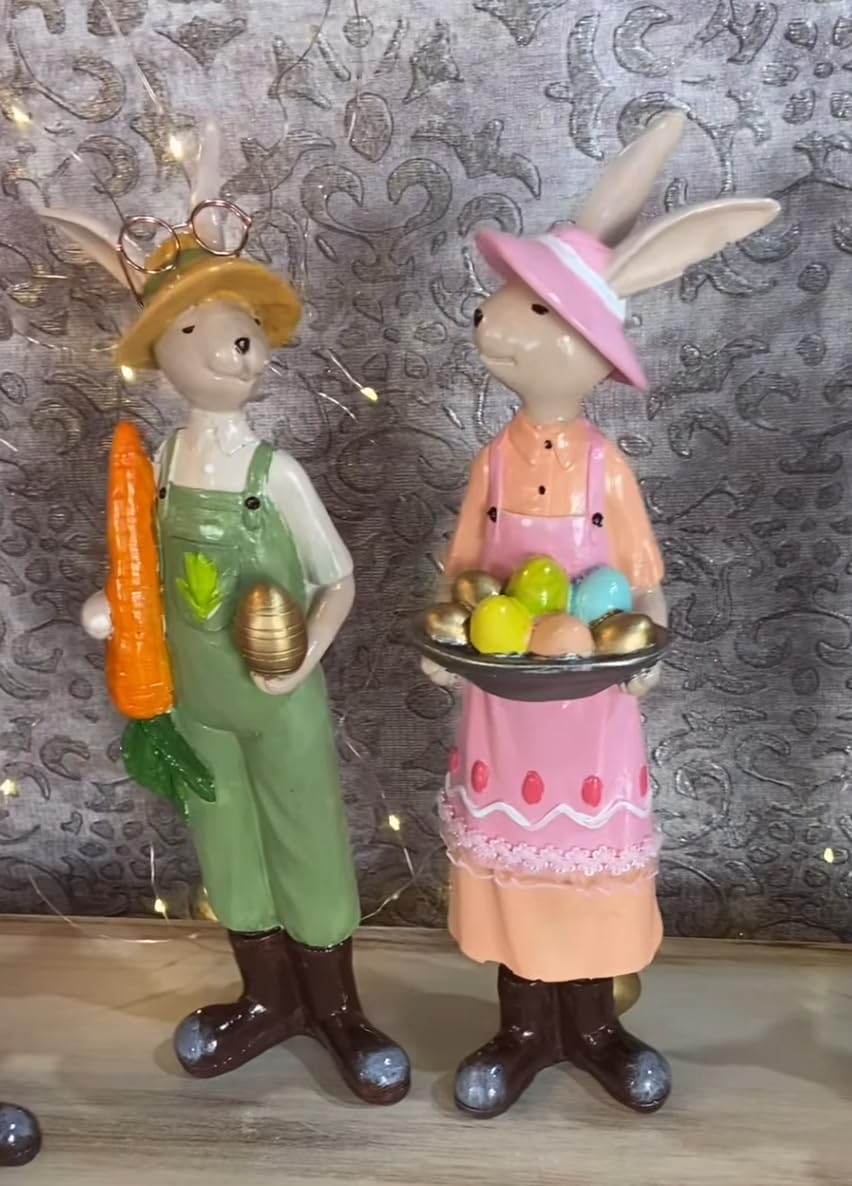 Easter Bunny Figurines with Carrot and Basket of Eggs, Handpainted Bunny Statue, Easter Egg Basket Bunny, Polyester Easter Decor, Easter Rabbit Sculpture