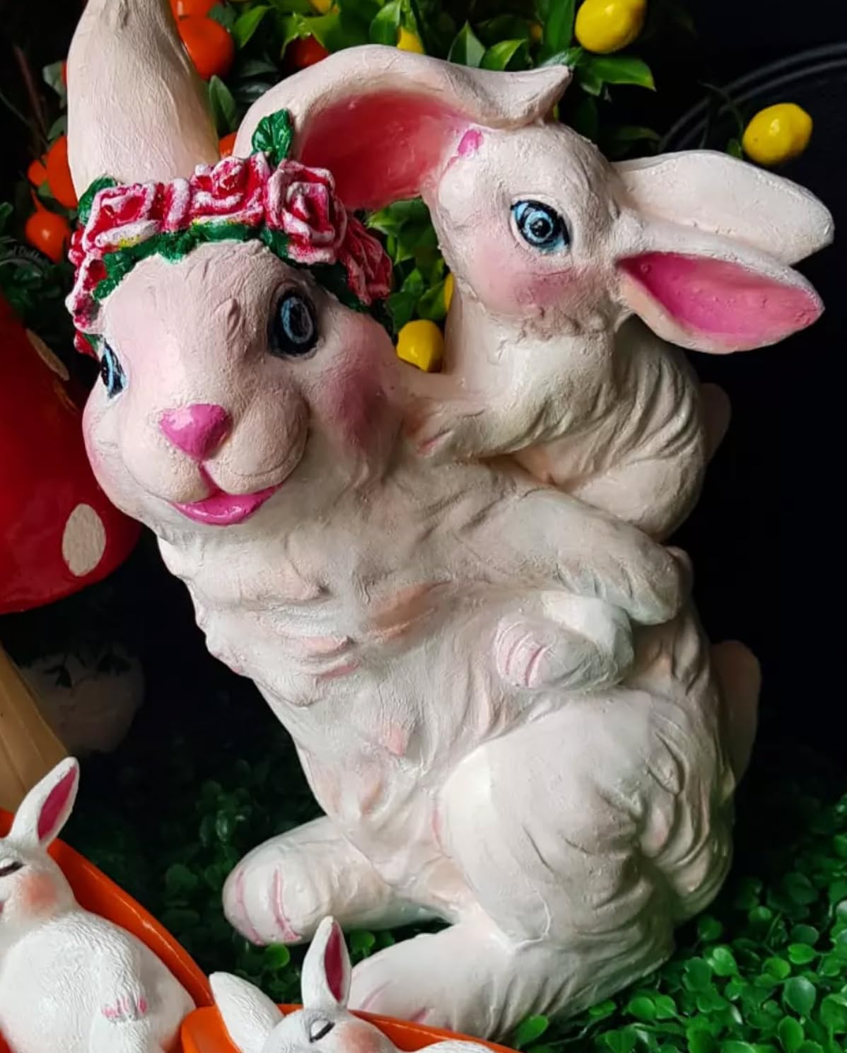 Adorable Bunny Rabbit Statue with Baby Bunny, Easter Bunny Decor, Rustic Bunny Gift, Floral Crown Rabbit, Easter Rabbit Decor, Rabbit Decor, Bunny Decor, Rabbit Sculpture
