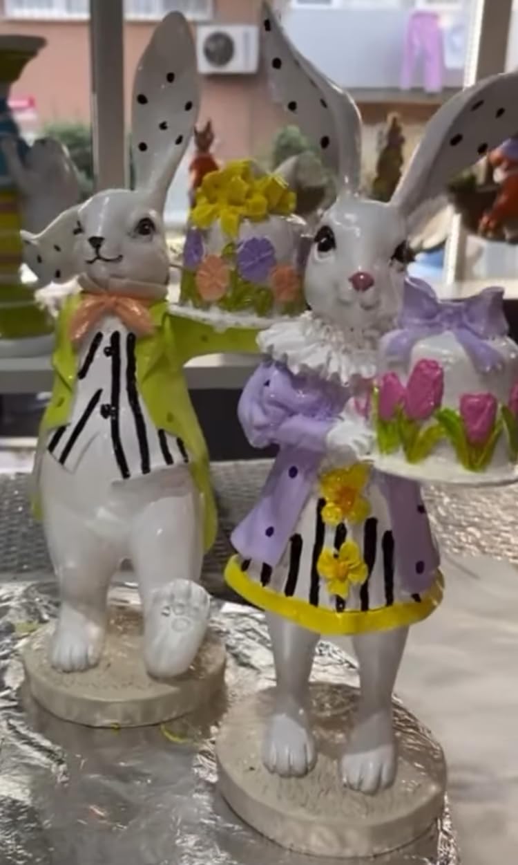 Set of 2 Rabbit Figurines Holding Cake, Adorable Bunny Dessert Statues, Rabbit Cake Figurine, Bunny Holding Cake, Bunny Statue, Rabbit Decor, Rabbit Statue, Bunny Decor