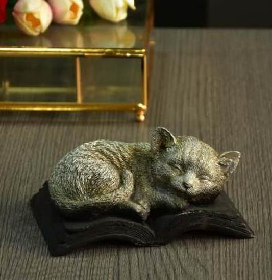 Sleeping Cat Statue on Book, Polyester Sleeping Kitten Sculpture on Book, Sleeping Cat on Book Statue, Cute Cat Figurine on Open Book
