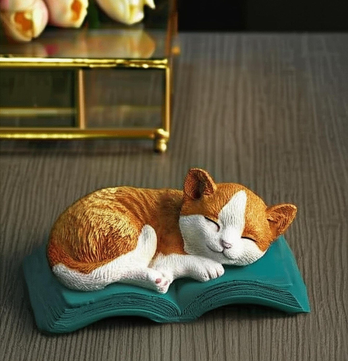 Sleeping Cat Statue on Book, Polyester Sleeping Kitten Sculpture on Book, Sleeping Cat on Book Statue, Cute Cat Figurine on Open Book