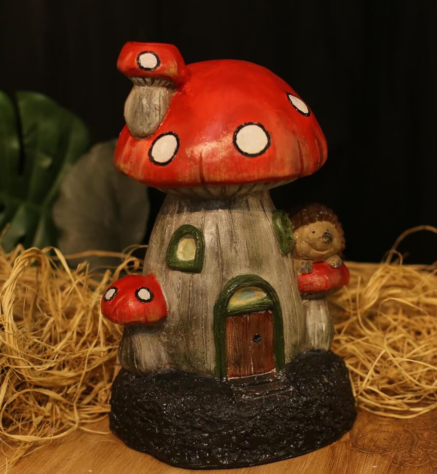 Whimsical Mushroom House Decor with Hedgehog, Toadstool House with Hedgehog, Mushroom Sculpture, Mushroom Statue with Hedgehog