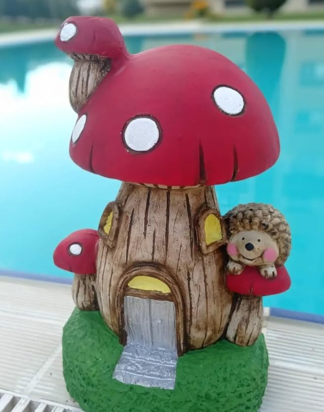 Whimsical Mushroom House Decor with Hedgehog, Toadstool House with Hedgehog, Mushroom Sculpture, Mushroom Statue with Hedgehog