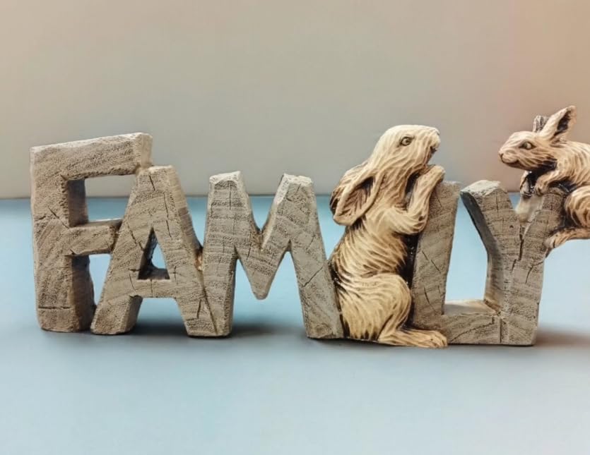 Rustic Family Sign with Rabbits, Farmhouse Family Decor, Animal Lover Gift, Family Sign Decor, Rabbit Family Sculpture, Bunny Figurine Gift, Rabbit Family Decor, Rabbit Family Statue