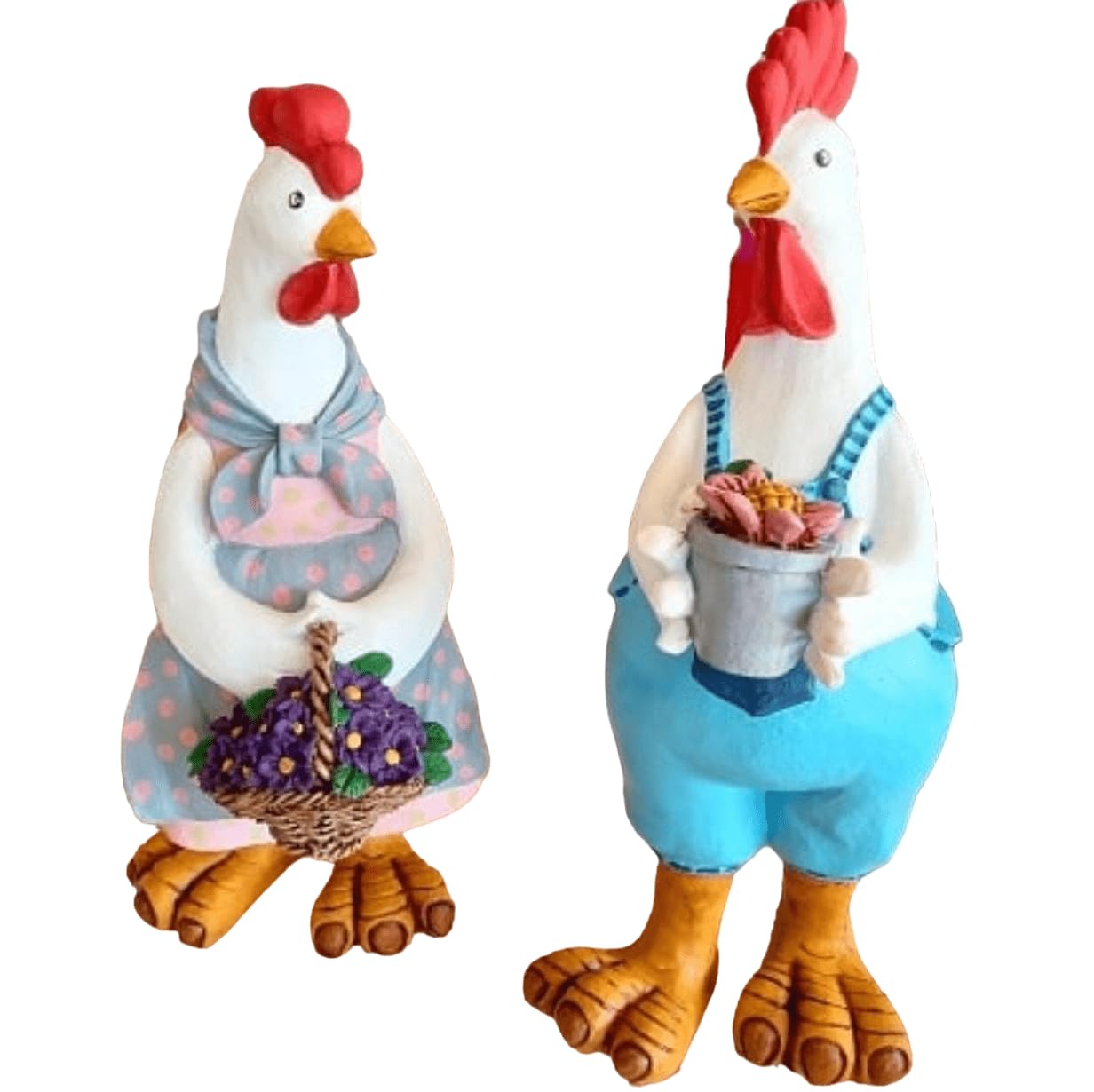 Farmhouse Chicken Decor, Charming Rooster and Hen Figurines Holding Flowers, Flower Holding Rooster, Cute Chicken Statues, Chicken Statue, Cockerel Decor, Cockerel Statue