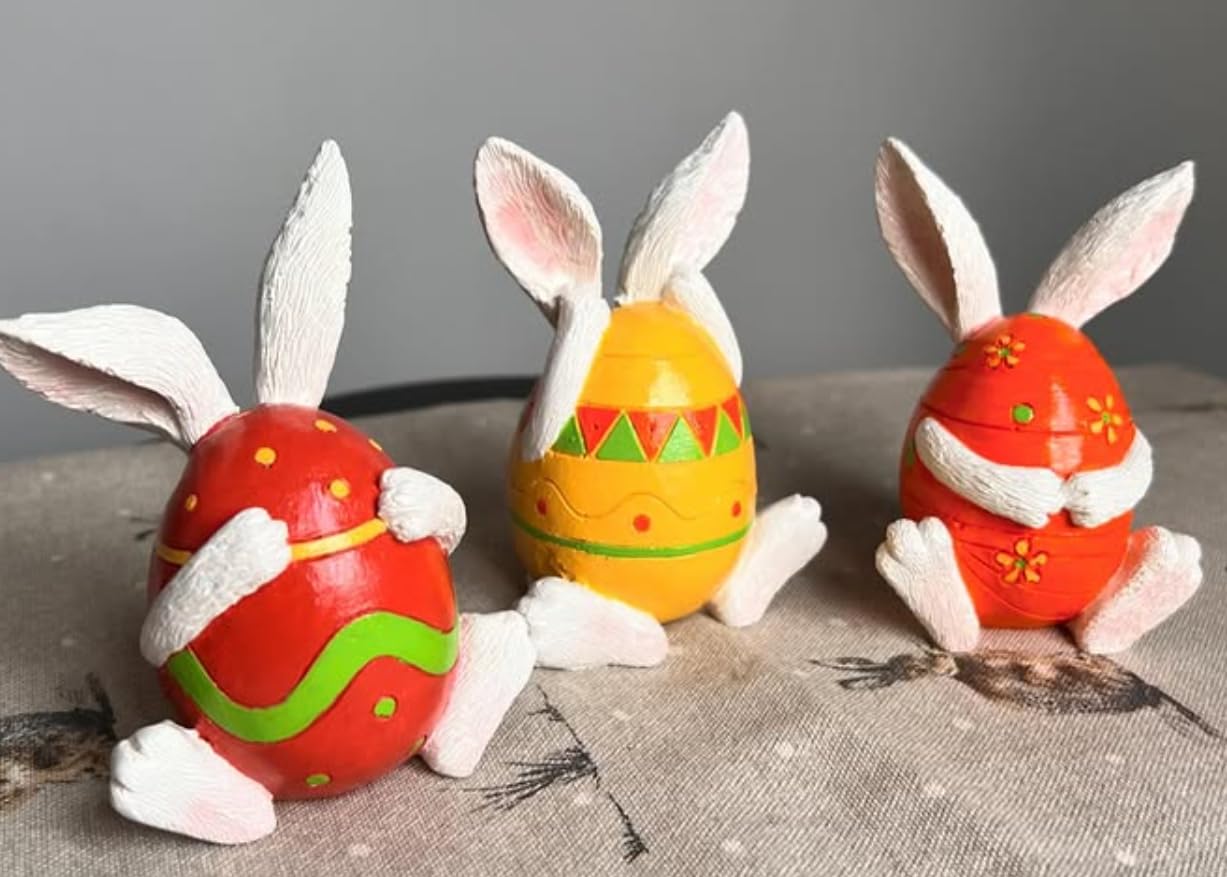 Set of 3 Easter Bunny Egg Figurines, Cute Hand Painted Polyester Bunny Decorations, Easter Bunny Decor, Bunny Egg Decor, Bunny in Eggshell, Easter Bunny Statue, Easter Bunny Decor