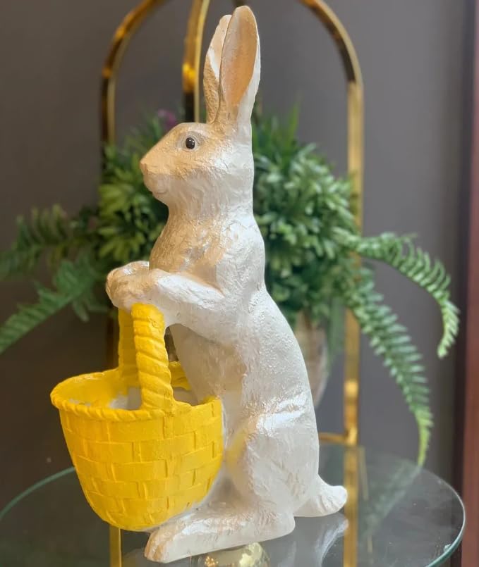 Rabbit Sculpture with Basket, Decorative Bunny Figurine, Easter Home Decor, Rabbit Sculpture, Bunny Decor with Basket, Easter Bunny Figurine, Easter Rabbit Sculpture