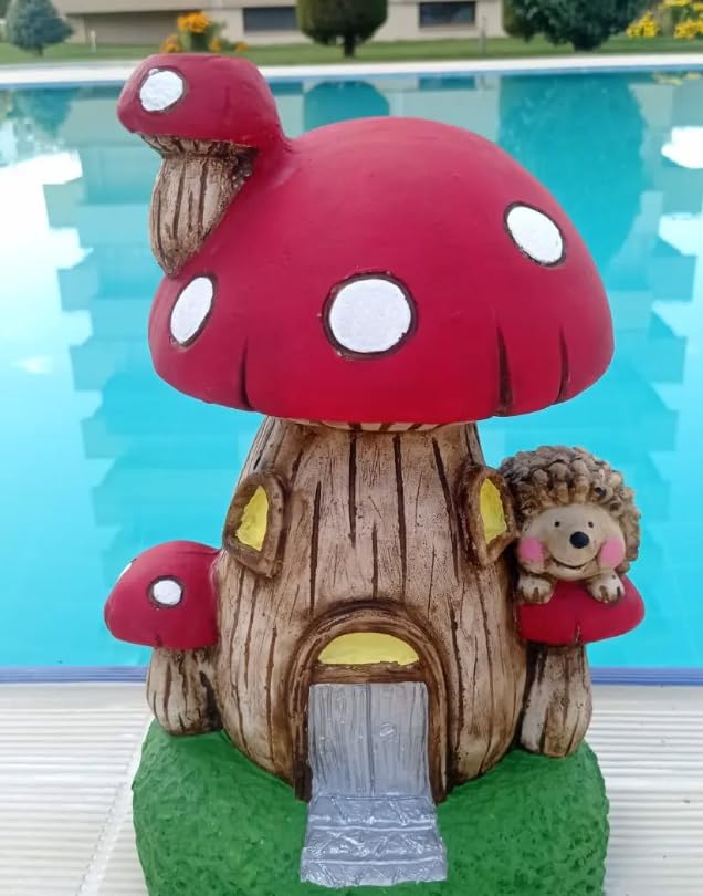 Whimsical Mushroom House Decor with Hedgehog, Toadstool House with Hedgehog, Mushroom Sculpture, Mushroom Statue with Hedgehog