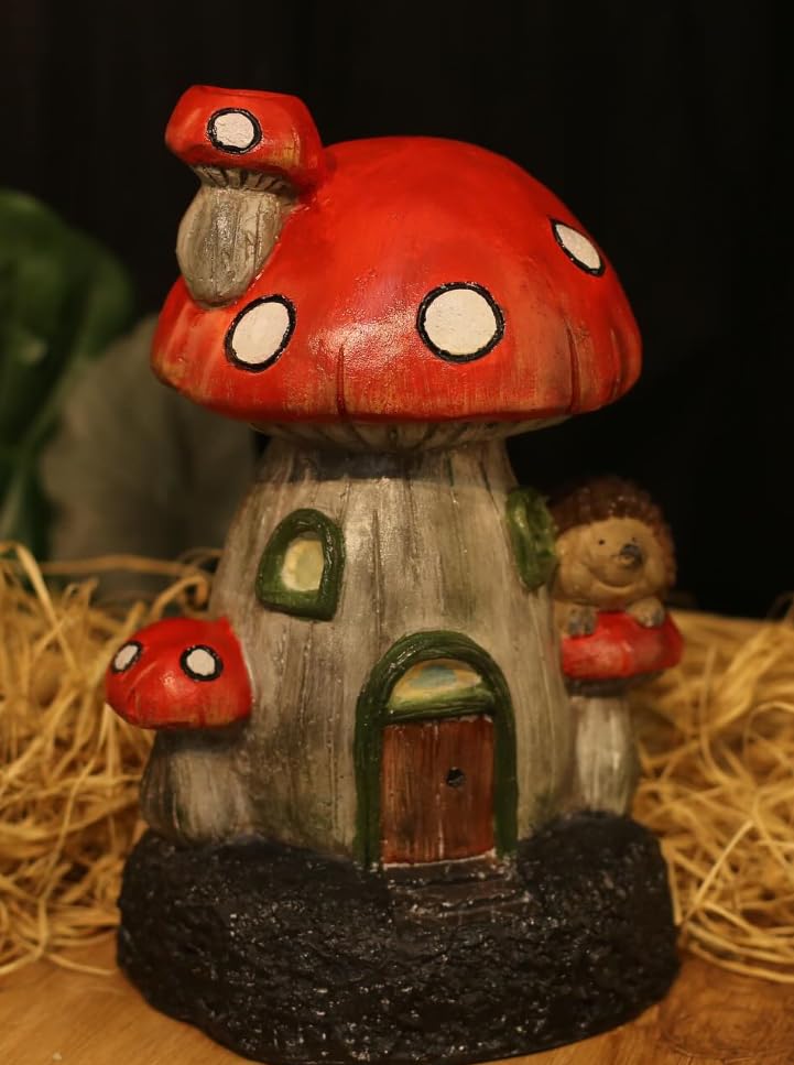 Whimsical Mushroom House Decor with Hedgehog, Toadstool House with Hedgehog, Mushroom Sculpture, Mushroom Statue with Hedgehog