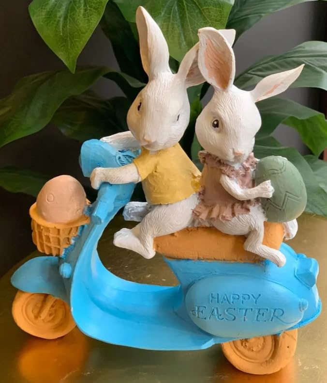 Bunny Couple Scooter Statue, Rabbits On A Vespa Decor, Whimsical Bunny Ornament,Rabbit Sculpture,Easter Rabbit Decor, Easter Bunny Decor, Easter Bunny Sculpture, Easter Rabbit Sculpture