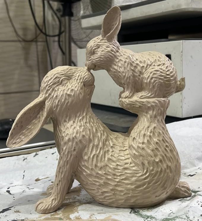 Entzückende Hasenfigur mit Kaninchenbaby, Osterhasenfigur, rustikale Hasenstatue, Osterhasenfigur, Osterhasenfigur, Osterhasenskulptur, Osterhasenskulptur