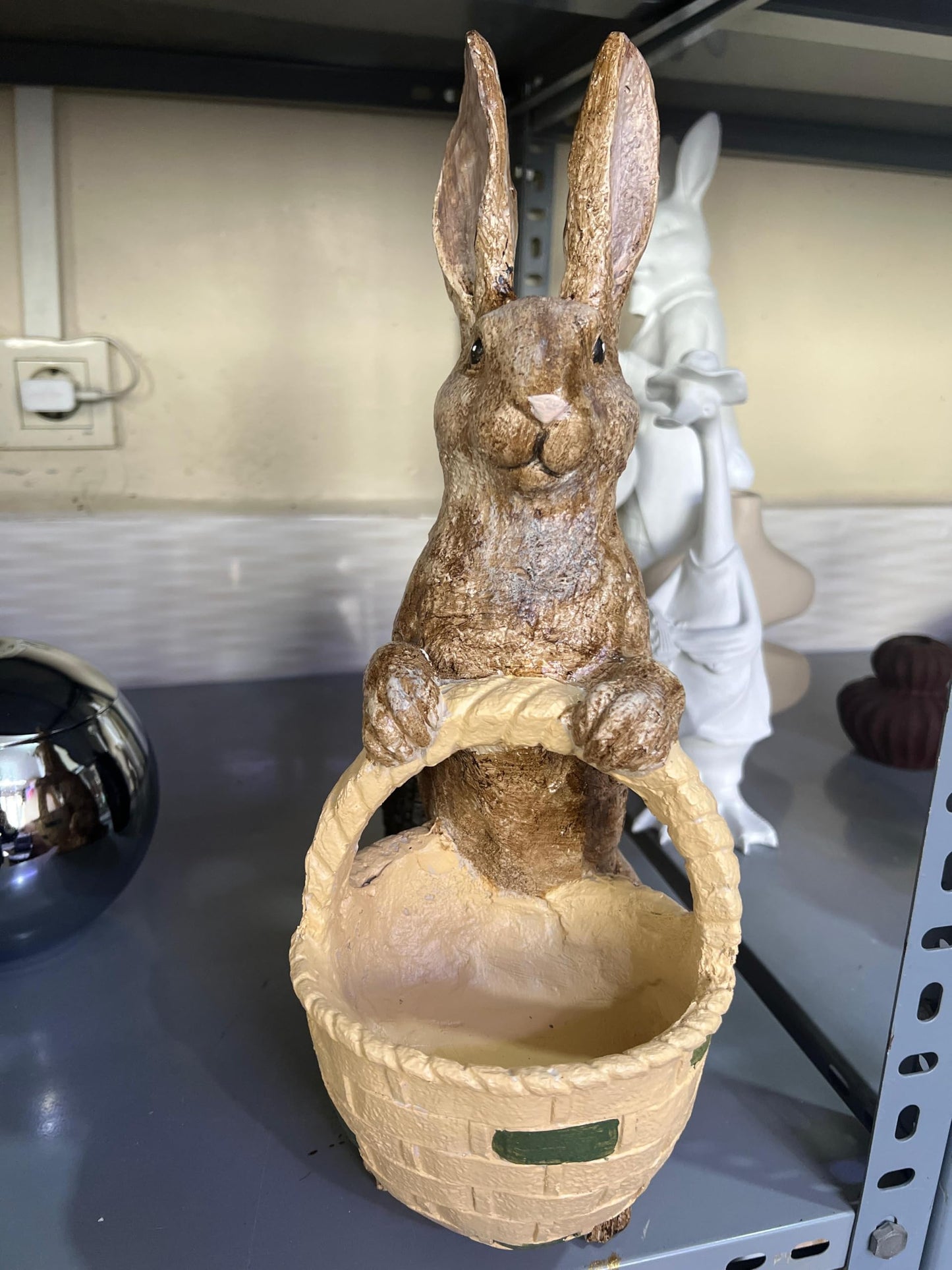 Rabbit Sculpture with Basket, Decorative Bunny Figurine, Easter Home Decor, Rabbit Sculpture, Bunny Decor with Basket, Easter Bunny Figurine, Easter Rabbit Sculpture