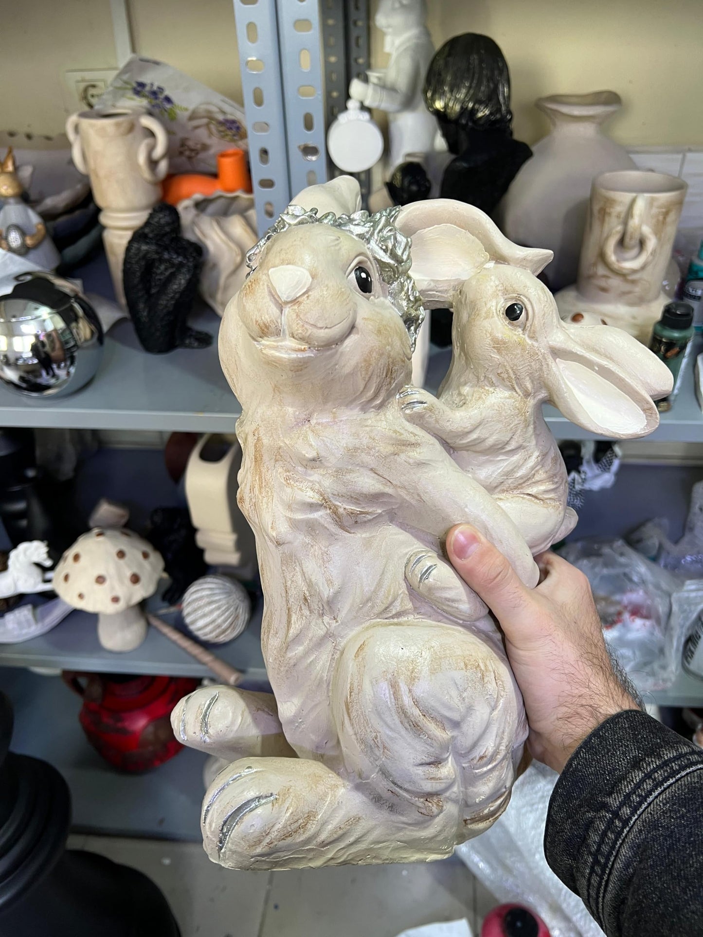 Adorable Bunny Rabbit Statue with Baby Bunny, Easter Bunny Decor, Rustic Bunny Gift, Floral Crown Rabbit, Easter Rabbit Decor, Rabbit Decor, Bunny Decor, Rabbit Sculpture