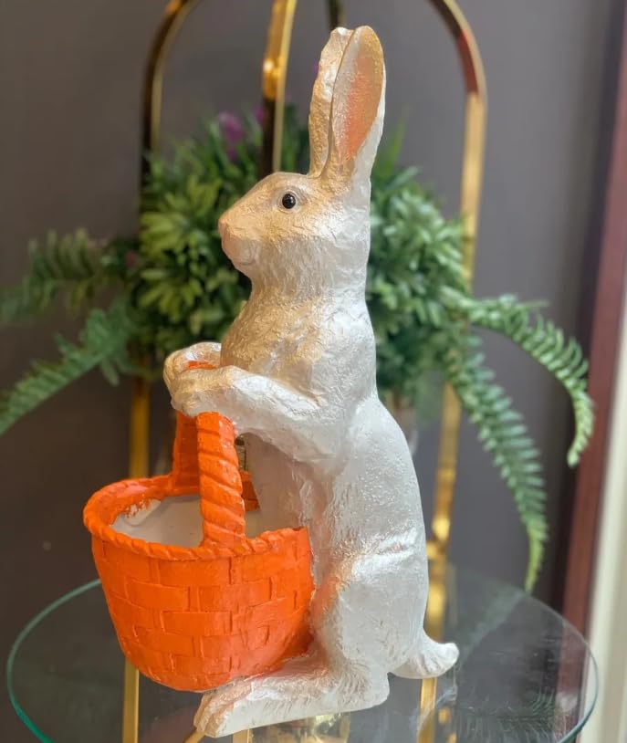 Rabbit Sculpture with Basket, Decorative Bunny Figurine, Easter Home Decor, Rabbit Sculpture, Bunny Decor with Basket, Easter Bunny Figurine, Easter Rabbit Sculpture
