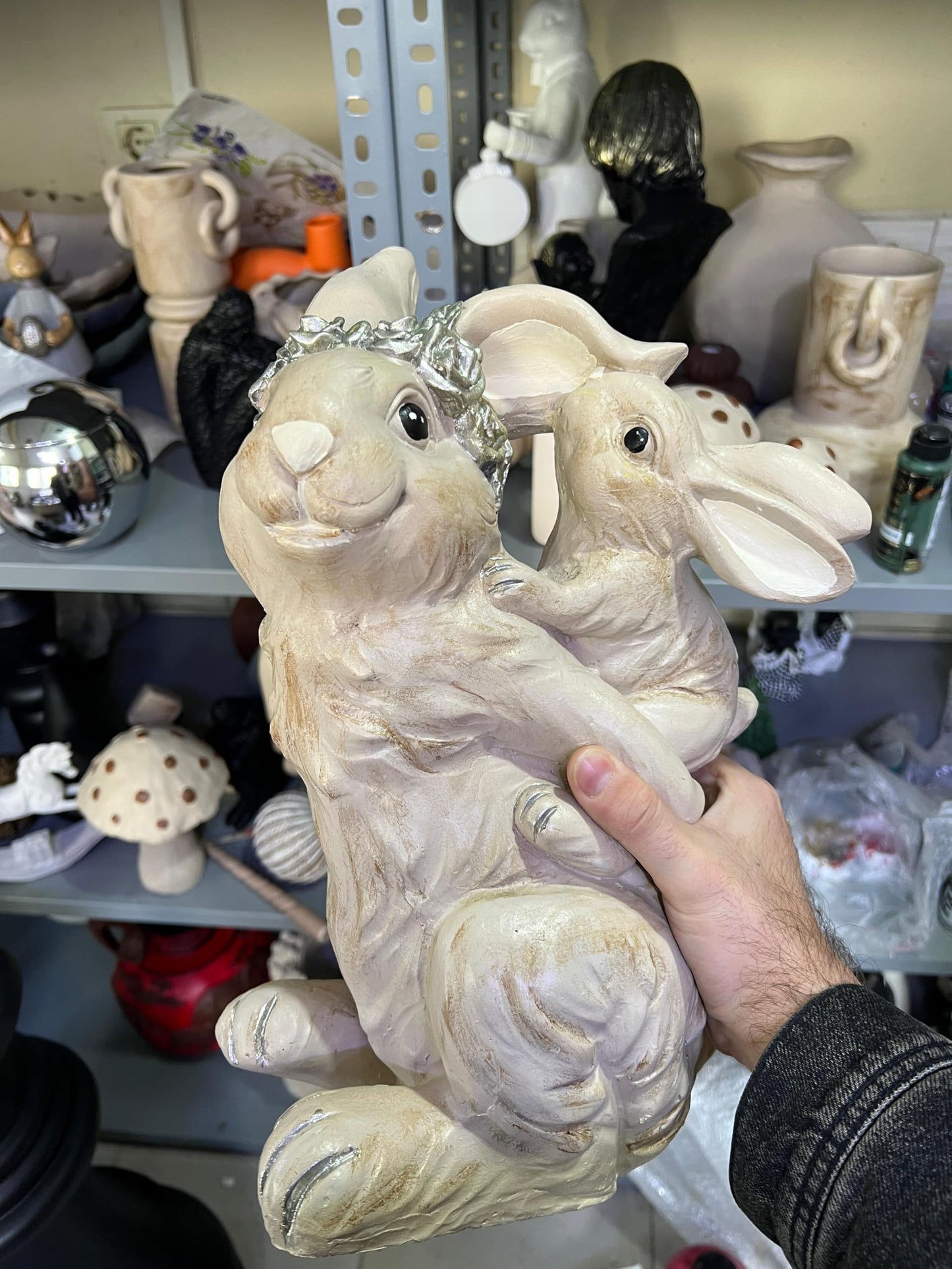 Adorable Bunny Rabbit Statue with Baby Bunny, Easter Bunny Decor, Rustic Bunny Gift, Floral Crown Rabbit, Easter Rabbit Decor, Rabbit Decor, Bunny Decor, Rabbit Sculpture