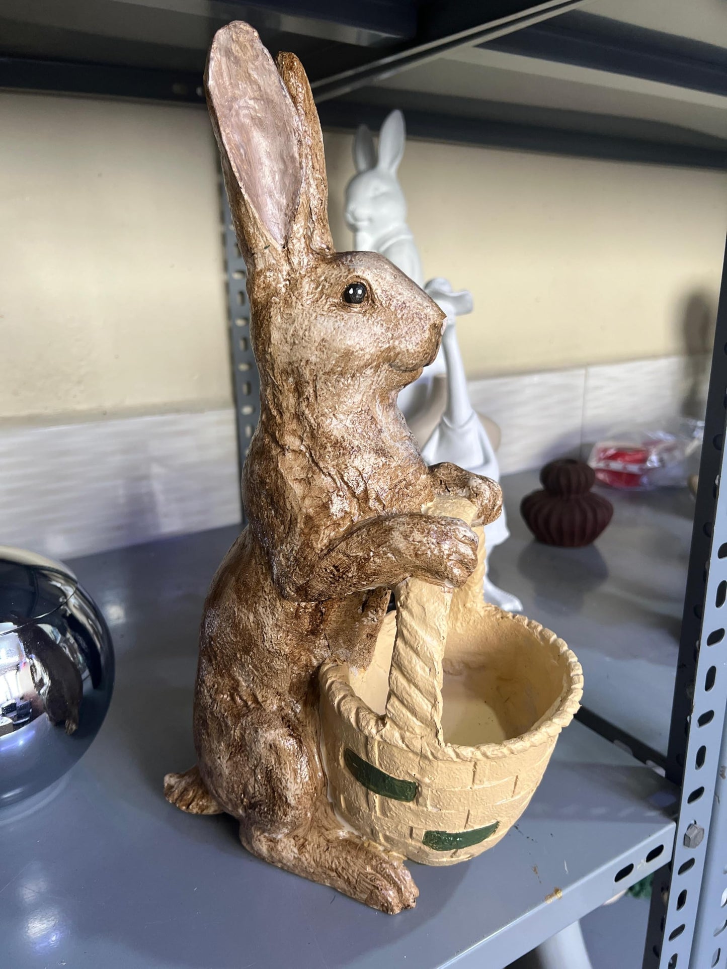 Rabbit Sculpture with Basket, Decorative Bunny Figurine, Easter Home Decor, Rabbit Sculpture, Bunny Decor with Basket, Easter Bunny Figurine, Easter Rabbit Sculpture