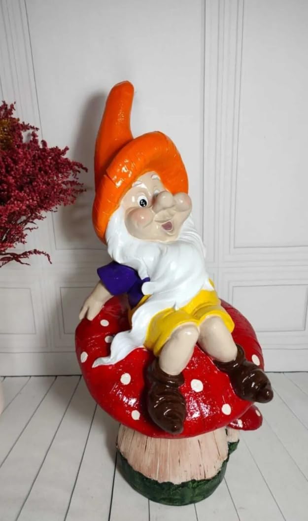 Garden Gnome Sitting on Red Mushroom Outdoor Decor, Garden Gnome Statue, Outdoor Garden Decor, Mushroom Gnome Figure, Fairy Garden Gnome, Garden Gnome Sculpture, Garden Gnome Decor