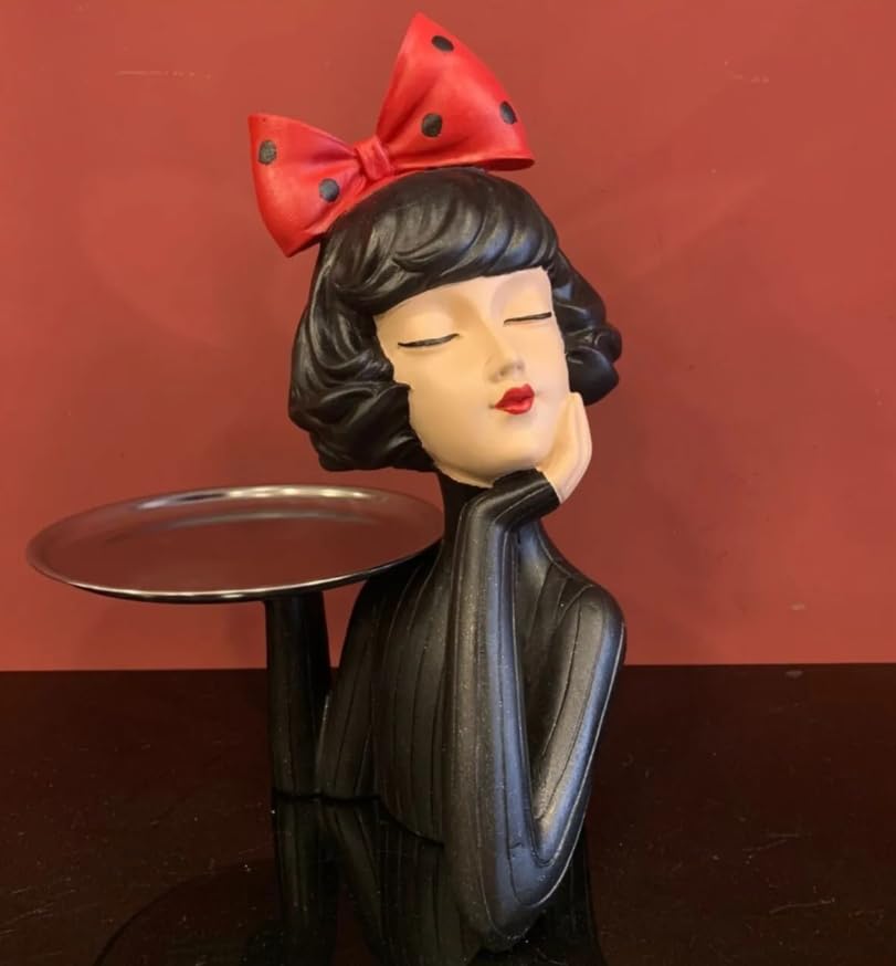 Handcrafted Girl Holding Tray Figure, Girl Sculpture With Tray Decor, Functional Girl Figurine With Tray, Decorative Girl Figurine For Gift, Girl Holding Tray Decor