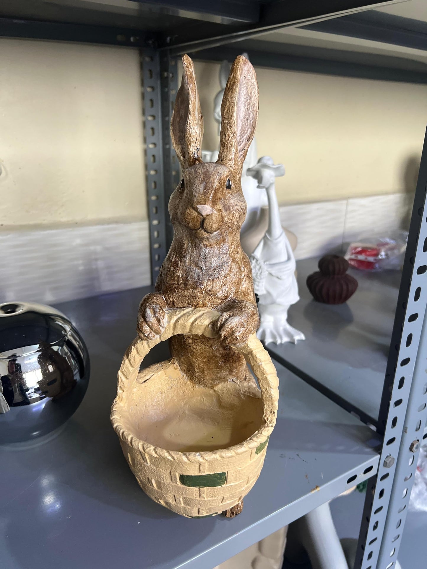 Rabbit Sculpture with Basket, Decorative Bunny Figurine, Easter Home Decor, Rabbit Sculpture, Bunny Decor with Basket, Easter Bunny Figurine, Easter Rabbit Sculpture