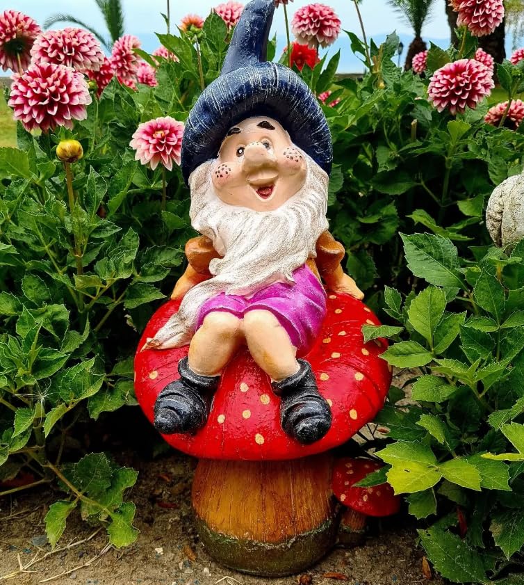 Garden Gnome Sitting on Red Mushroom Outdoor Decor, Garden Gnome Statue, Outdoor Garden Decor, Mushroom Gnome Figure, Fairy Garden Gnome, Garden Gnome Sculpture, Garden Gnome Decor