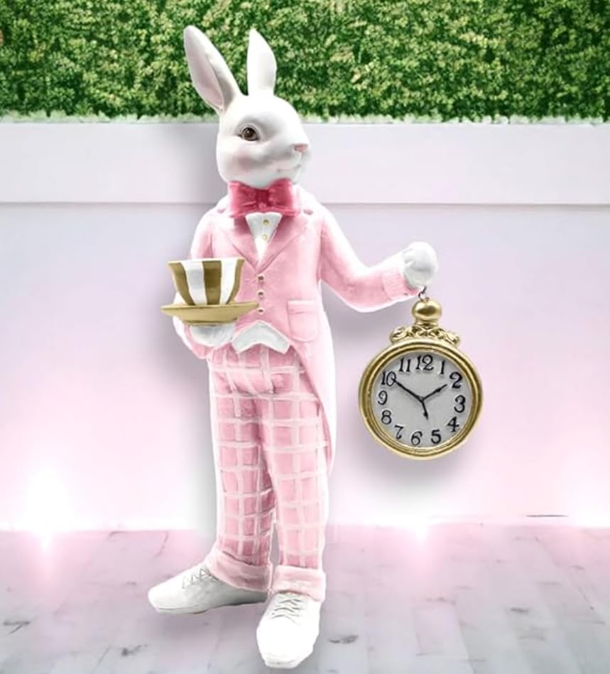 Alice in Wonderland Tea Time Rabbit Figurine, Rabbit Statue with Teacup & Clock, Rabbit Figurine, Wonderland Tea Party, Rabbit with Tea Cup