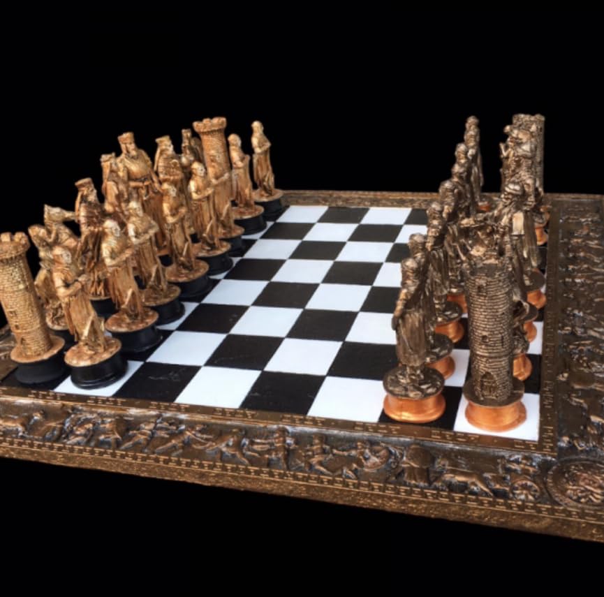 Historical Chess Set with Decorative Board, Medieval Chess Set with Detailed Warrior Pieces, Antique Look Chess Set with Medieval Figures
