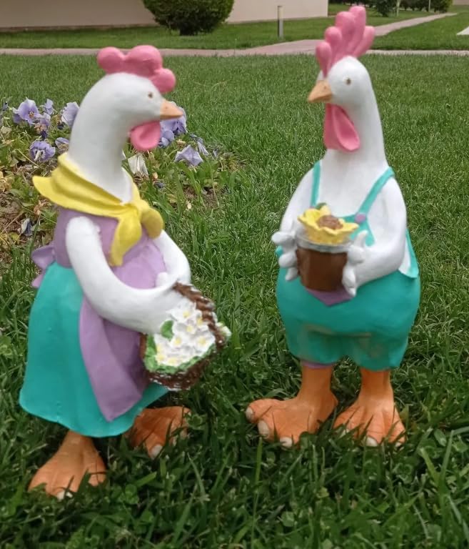 Farmhouse Chicken Decor, Charming Rooster and Hen Figurines Holding Flowers, Flower Holding Rooster, Cute Chicken Statues, Chicken Statue, Cockerel Decor, Cockerel Statue