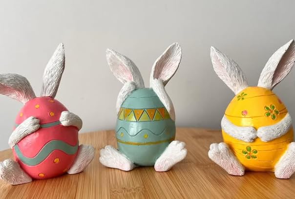 Set of 3 Easter Bunny Egg Figurines, Cute Hand Painted Polyester Bunny Decorations, Easter Bunny Decor, Bunny Egg Decor, Bunny in Eggshell, Easter Bunny Statue, Easter Bunny Decor