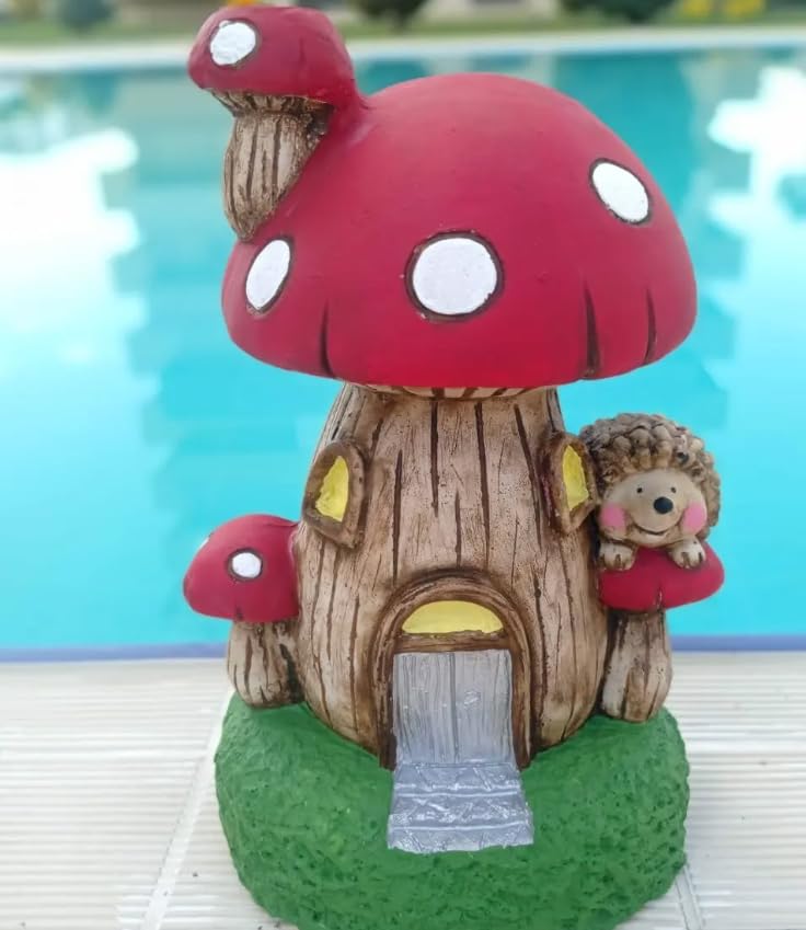 Whimsical Mushroom House Decor with Hedgehog, Toadstool House with Hedgehog, Mushroom Sculpture, Mushroom Statue with Hedgehog