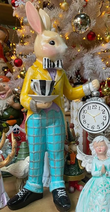 Alice in Wonderland Tea Time Rabbit Figurine, Rabbit Statue with Teacup & Clock, Rabbit Figurine, Wonderland Tea Party, Rabbit with Tea Cup