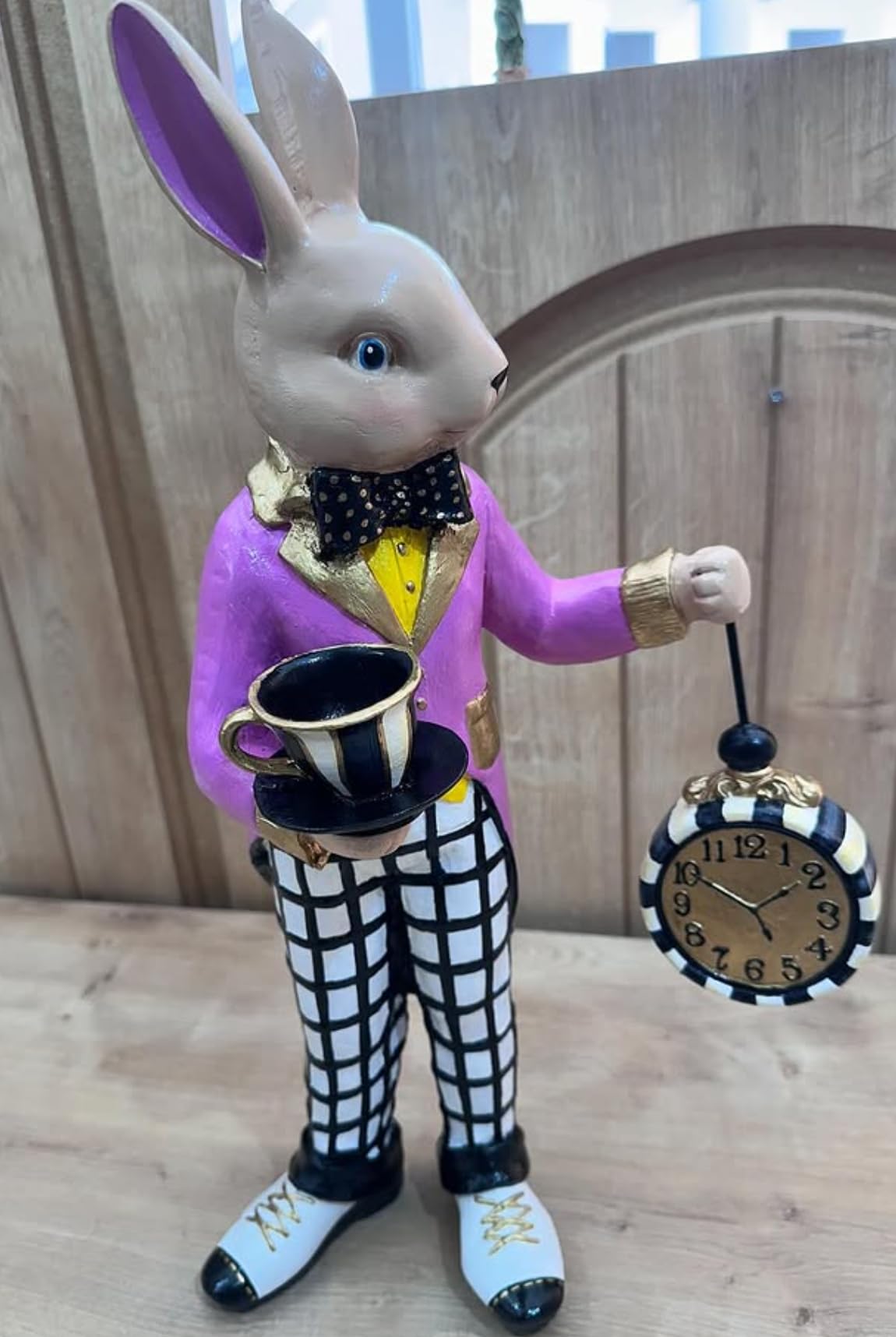 Alice in Wonderland Tea Time Rabbit Figurine, Rabbit Statue with Teacup & Clock, Rabbit Figurine, Wonderland Tea Party, Rabbit with Tea Cup
