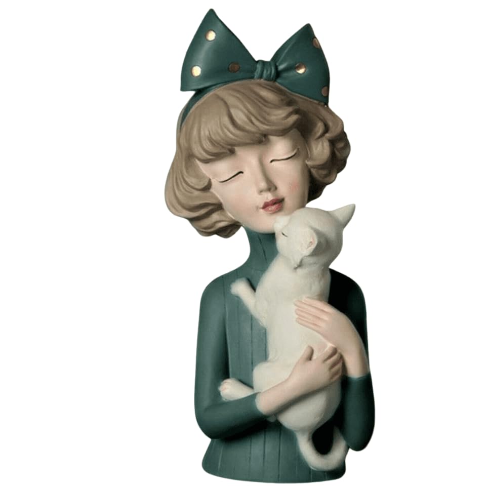 Girl With Cat Decor, Whimsical Decor Accent, Hand-painted Art Decor, Decorative Girl Statue, Cat Themed Home Decor, Girl and Pet Sculpture, Girl and Pet Decor