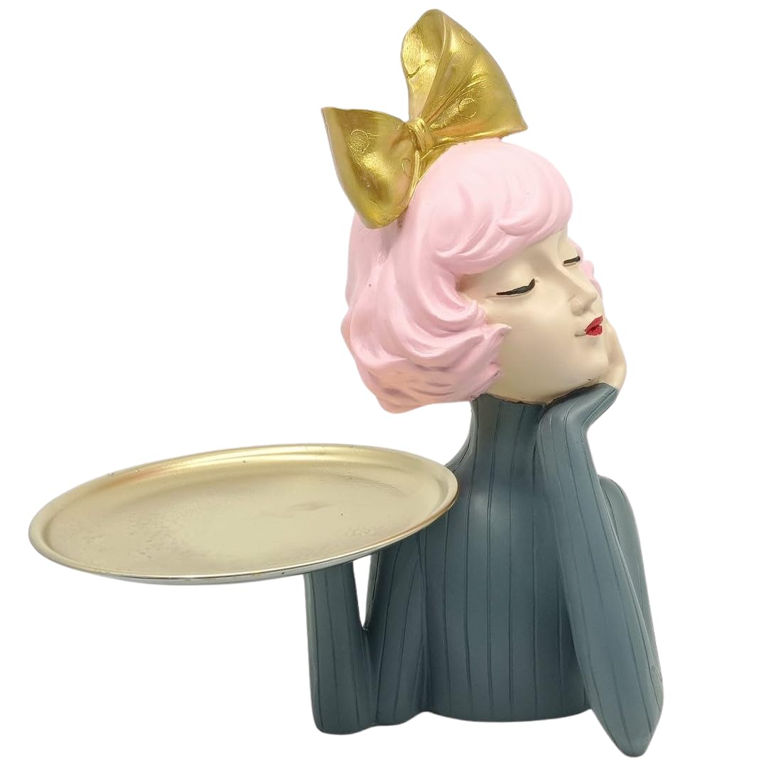 Handcrafted Girl Holding Tray Figure, Girl Sculpture With Tray Decor, Functional Girl Figurine With Tray, Decorative Girl Figurine For Gift, Girl Holding Tray Decor