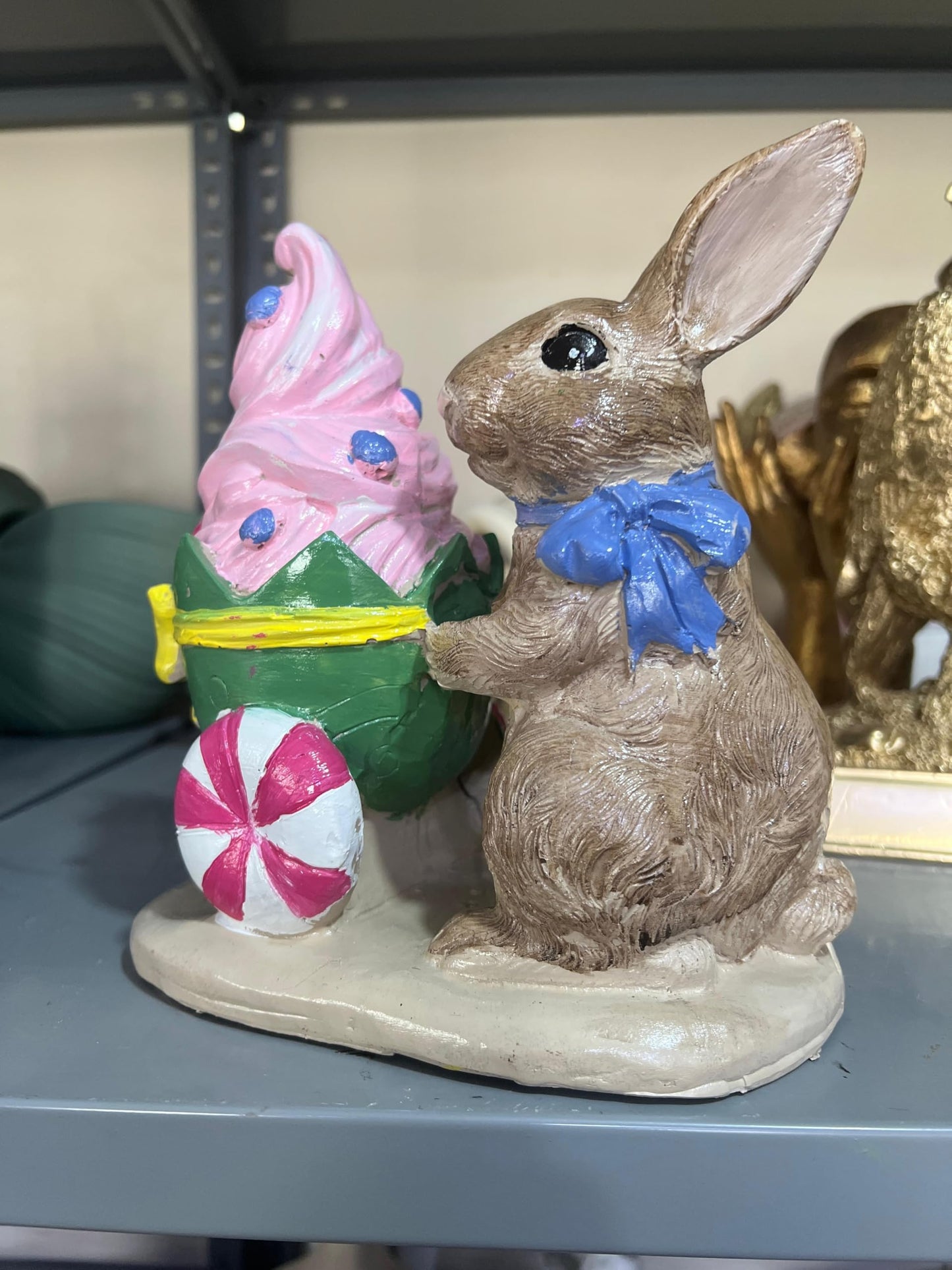 Rabbit Holding Ice Cream Cart Figurine, Whimsical Bunny Ice Cream Vendor, Bunny Vendor Figurine, Rabbit Themed Decoration, Rabbit Decor