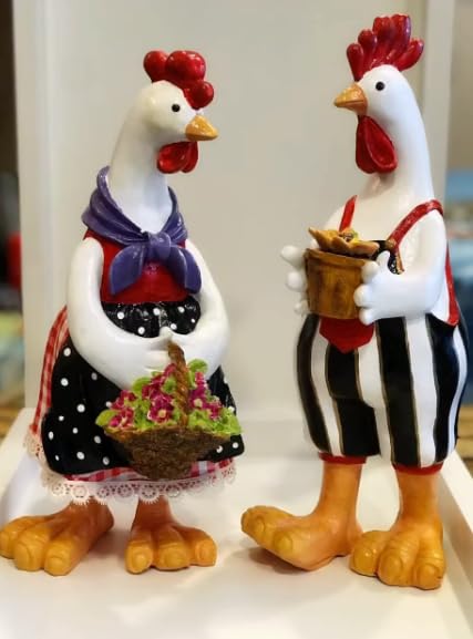 Farmhouse Chicken Decor, Charming Rooster and Hen Figurines Holding Flowers, Flower Holding Rooster, Cute Chicken Statues, Chicken Statue, Cockerel Decor, Cockerel Statue