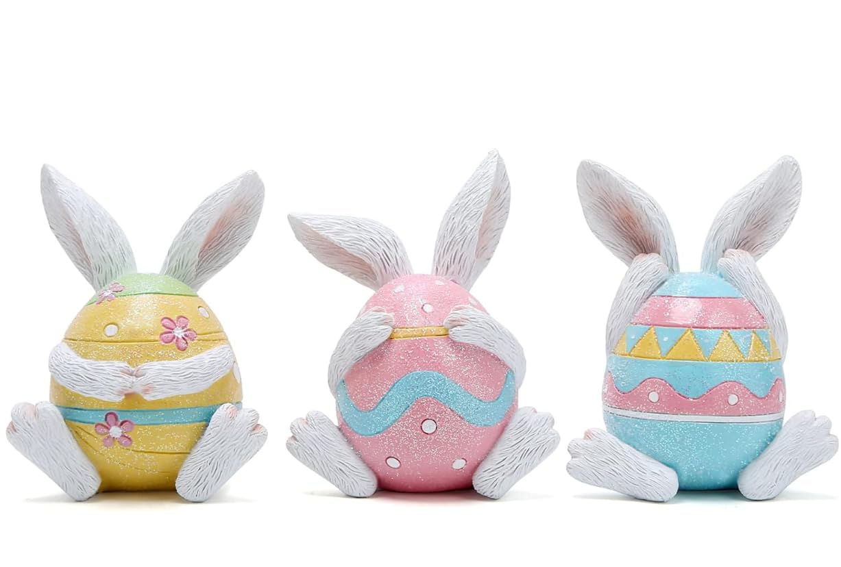 Set of 3 Easter Bunny Egg Figurines, Cute Hand Painted Polyester Bunny Decorations, Easter Bunny Decor, Bunny Egg Decor, Bunny in Eggshell, Easter Bunny Statue, Easter Bunny Decor