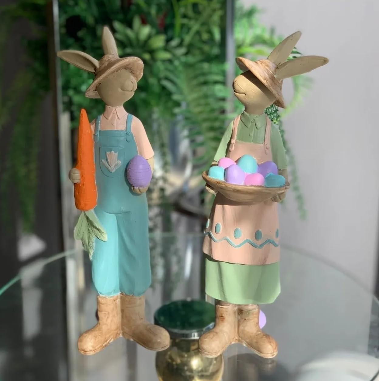 Easter Bunny Figurines with Carrot and Basket of Eggs, Handpainted Bunny Statue, Easter Egg Basket Bunny, Polyester Easter Decor, Easter Rabbit Sculpture