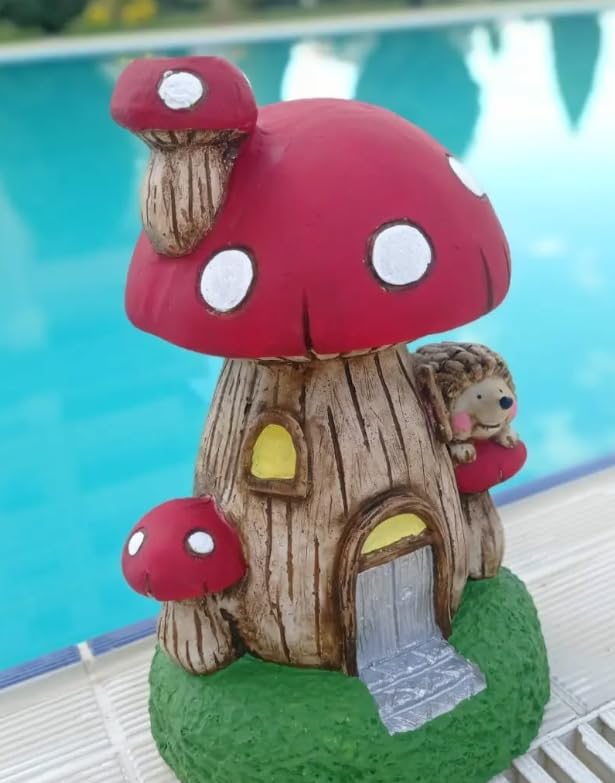 Whimsical Mushroom House Decor with Hedgehog, Toadstool House with Hedgehog, Mushroom Sculpture, Mushroom Statue with Hedgehog
