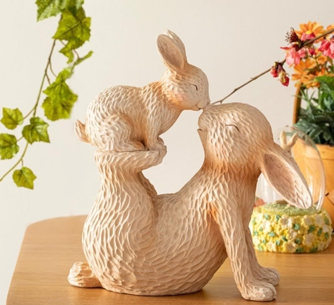 Entzückende Hasenfigur mit Kaninchenbaby, Osterhasenfigur, rustikale Hasenstatue, Osterhasenfigur, Osterhasenfigur, Osterhasenskulptur, Osterhasenskulptur