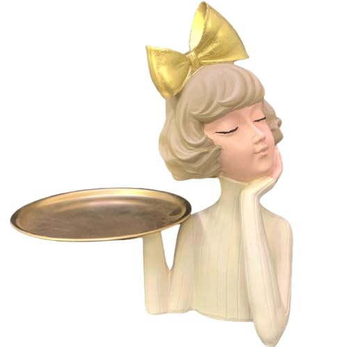 Handcrafted Girl Holding Tray Figure, Girl Sculpture With Tray Decor, Functional Girl Figurine With Tray, Decorative Girl Figurine For Gift, Girl Holding Tray Decor