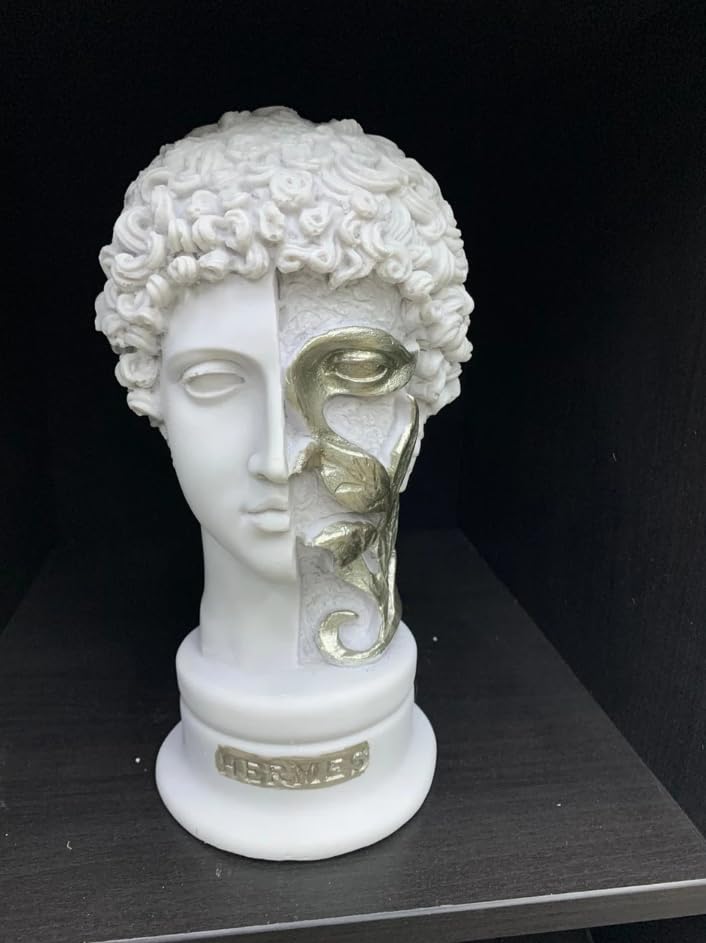 Greek Hermes Bust With Leaf Accent Sculpture, Classical Hermes Head Sculpture, Decorative Head Statue, Classical Bust Home Accent