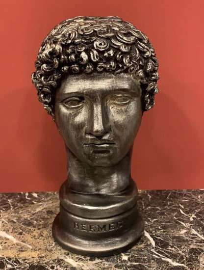 Griechische Hermes-Statue, abstraktes Gesicht, griechische Büstenskulptur, zeitgenössische griechische Mythologie-Skulptur, klassischer Büsten-Wohnakzent