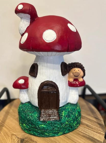 Whimsical Mushroom House Decor with Hedgehog, Toadstool House with Hedgehog, Mushroom Sculpture, Mushroom Statue with Hedgehog