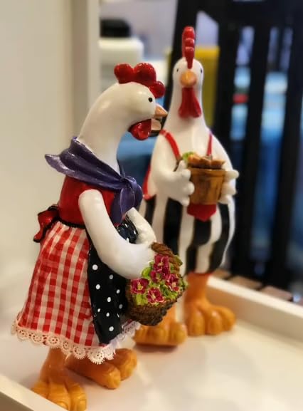 Farmhouse Chicken Decor, Charming Rooster and Hen Figurines Holding Flowers, Flower Holding Rooster, Cute Chicken Statues, Chicken Statue, Cockerel Decor, Cockerel Statue