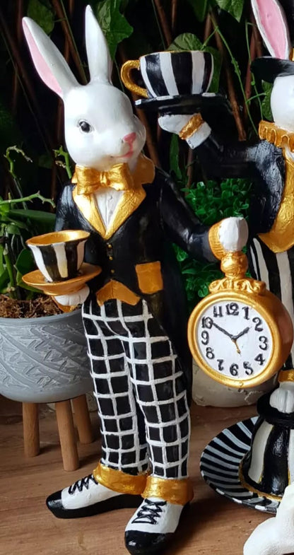 Alice in Wonderland Tea Time Rabbit Figurine, Rabbit Statue with Teacup & Clock, Rabbit Figurine, Wonderland Tea Party, Rabbit with Tea Cup