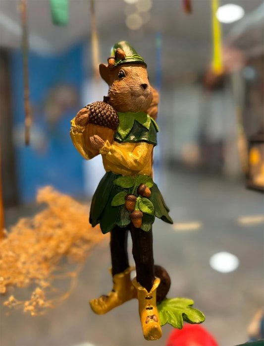 Squirrel Elf Statue, Whimsical Squirrel Statue, Polyester Squirrel Figurine, Cute Squirrel with Acorns Statue, Squirrel in Costume Figurine